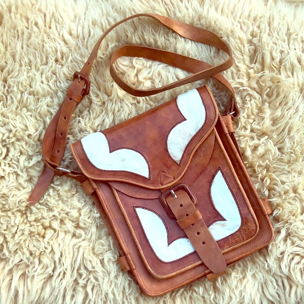 Vintage RARE Unique cowhide leather boho crossbody